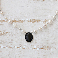 Cultured pearl and onyx pendant necklace, 'Midnight in the Clouds'