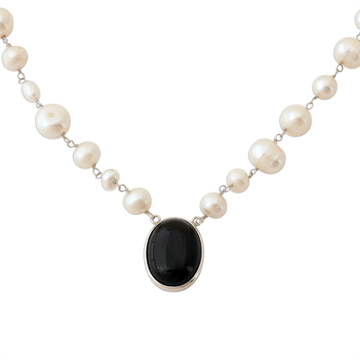 Cultured pearl and onyx pendant necklace, 'Midnight in the Clouds' - White Cultured Pearl and Black Onyx Necklace from Brazil