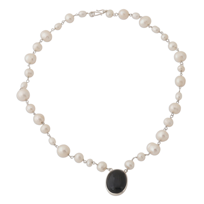 Cultured pearl and onyx pendant necklace, 'Midnight in the Clouds' - White Cultured Pearl and Black Onyx Necklace from Brazil