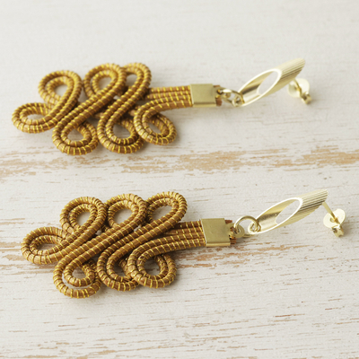 Gold accent golden grass dangle earrings, 'Capricious Coils' - Curvy Brazilian Golden Grass Earrings with 18k Gold Plate