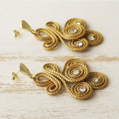 Gold accent golden grass dangle earrings, 'Curlycue' - Brazilian Golden Grass and Rhinestone Curlycue Earrings