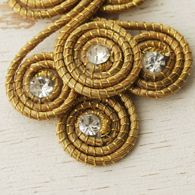 Gold accent golden grass dangle earrings, 'Curlycue' - Brazilian Golden Grass and Rhinestone Curlycue Earrings