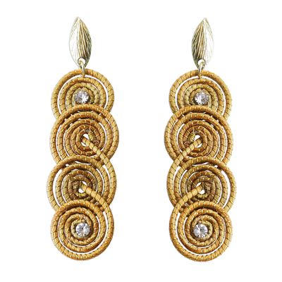 Gold accent golden grass dangle earrings, 'Sparkle and Spin' - Golden Grass Earrings with 18k Gold and Rhinestones