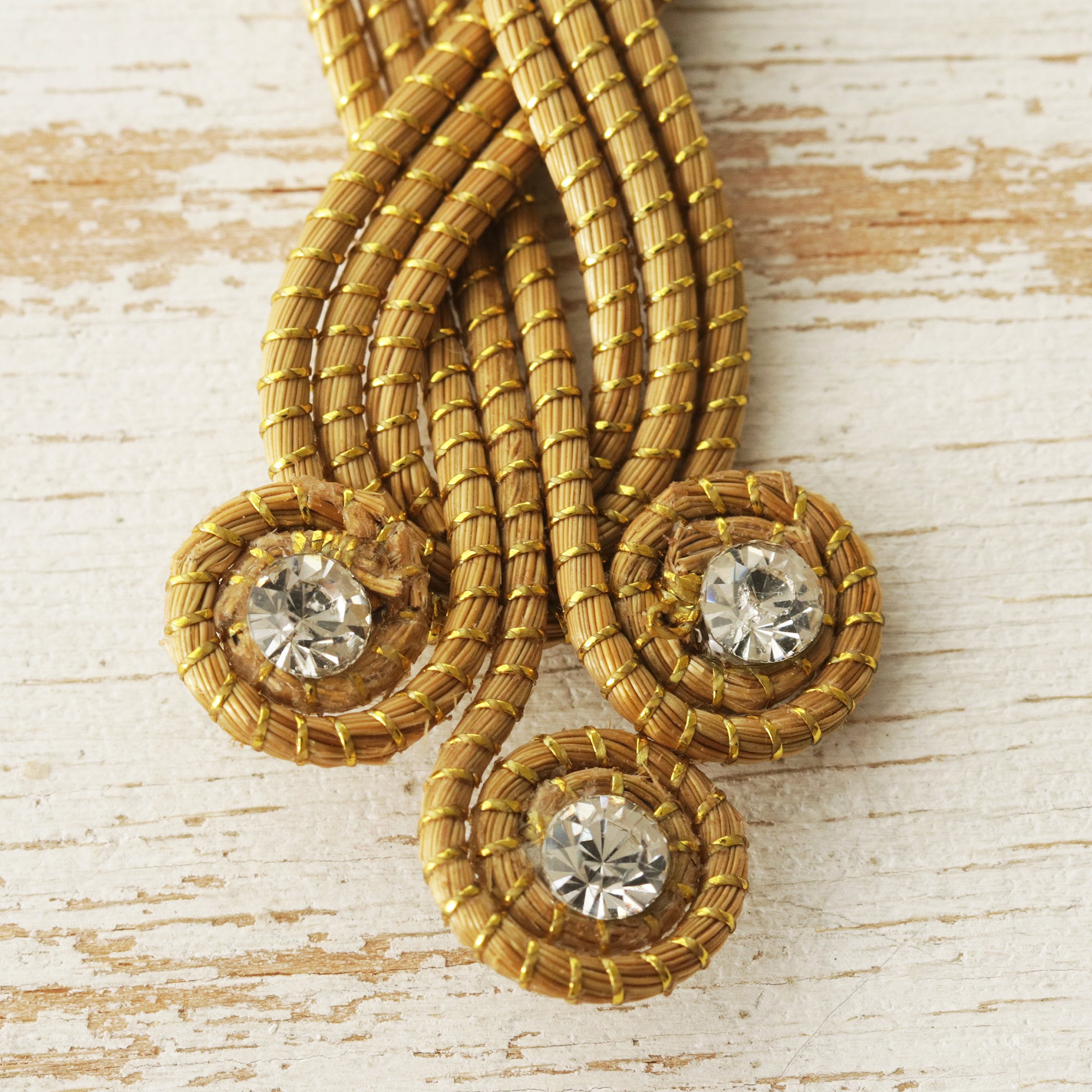 Brazilian Golden Grass Dangle Earrings with Rhinestones Whimsy NOVICA