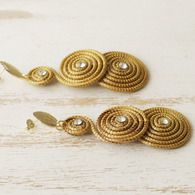 Gold accent golden grass dangle earrings, 'Whirligig' - Gold Accent Golden Grass Earrings with Rhinestones