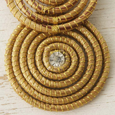 Aretes colgantes de hierba dorada con detalles dorados - Aretes de hierba dorada con detalles dorados y diamantes de imitación