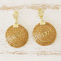 Gold accent golden grass dangle earrings, 'Sun Disk' - Gold Accent Golden Grass Sun Disk Post Earrings