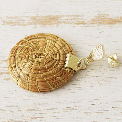Gold accent golden grass dangle earrings, 'Sun Disk' - Gold Accent Golden Grass Sun Disk Post Earrings