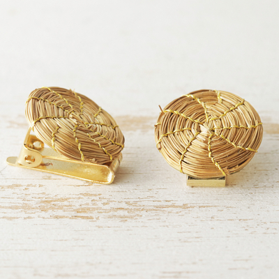 Gold accent golden grass clip-on earrings, 'Sun Disk' - Gold Accent Golden Grass Sun Disk Clip-On Earrings