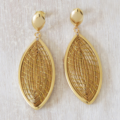 Gold plated golden grass dangle earrings, 'Summer Foliage' - Brazilian Golden Grass 18k Gold Plated Leaf  Earrings