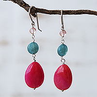 Jade and cherry quartz dangle earrings, 'Springtime Colors' - Brazilian Hot Pink Jade & Apatite Dangle Earrings