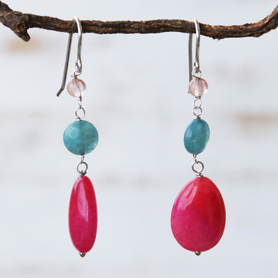 Apatite and quartz dangle earrings, 'Springtime Colors' - Brazilian Hot Pink Quartz & Apatite Dangle Earrings