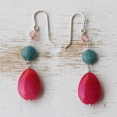 Apatite and quartz dangle earrings, 'Springtime Colors' - Brazilian Hot Pink Quartz & Apatite Dangle Earrings