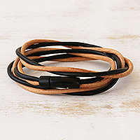 Leather cord bracelet, 'Different Rivers' - Black and Beige Leather Cord Bracelet from Brazil