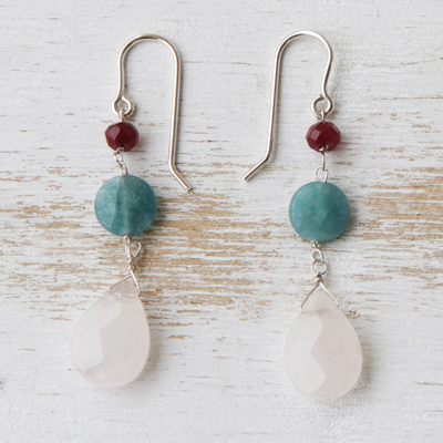 Rose Quartz and apatite dangle earrings, 'Springtime Colors' - Brazilian Rose Quartz-Jade- Apatite Dangle Earrings