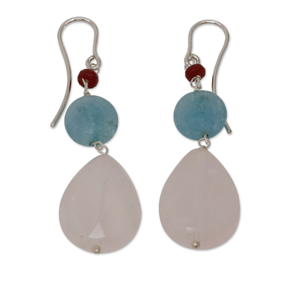 Rose Quartz and apatite dangle earrings, 'Springtime Colors' - Brazilian Rose Quartz-Jade- Apatite Dangle Earrings