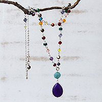 Jade multi-gemstone pendant necklace, 'Springtime Purple'