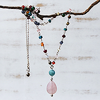 Rose quartz multi-gemstone pendant necklace, 'Springtime Colors'
