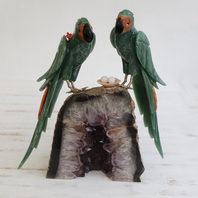 Gemstone sculpture, 'Macaw Mates' - Genuine Gemstone Macaw Sculpture