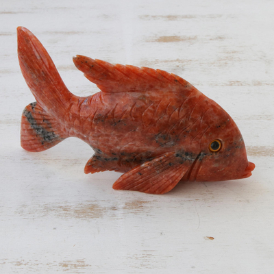Calcite figurine, 'Ginger Fish' - Artisan Crafted Orange Calcite Fish Sculpture from Brazil