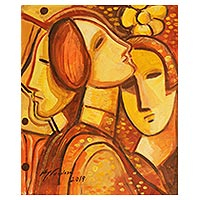 'Faces in Orange' - Orange and Brown Cubist Acrylic Painting on Canvas