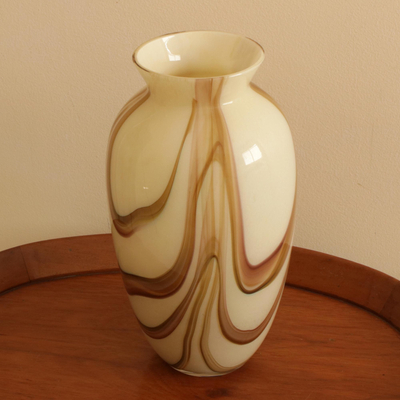 Art glass vase, 'Cream and Coffee' - Cream and Brown Murano-Inspired Art Glass Vase