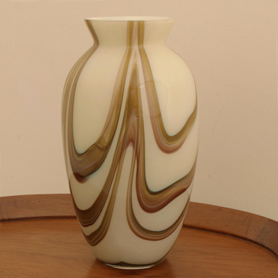 Art glass vase, 'Cream and Coffee' - Cream and Brown Murano-Inspired Art Glass Vase