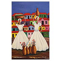 'Women of Bahia' - Colorful Signed Naif Oil Painting of Brazilian Women