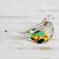 Handblown art glass paperweight, 'Confetti Canary' - Handblown Brazilian Colorful Bird Art Glass Paperweight