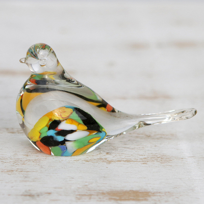 Handblown art glass paperweight, 'Confetti Canary' - Handblown Brazilian Colorful Bird Art Glass Paperweight