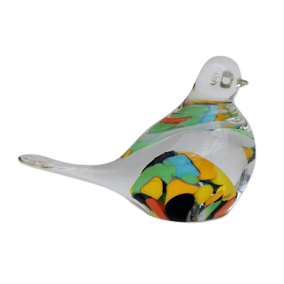 Handblown art glass paperweight, 'Confetti Canary' - Handblown Brazilian Colorful Bird Art Glass Paperweight