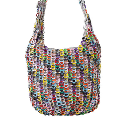 Soda pop-top shoulder bag, 'Eco.Rainbow' - Hand Crocheted Recycled Pop-top Zipper Shoulder Bag