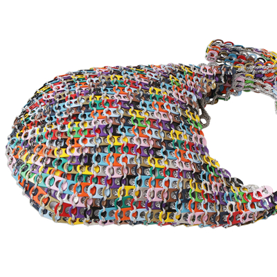 Soda pop-top shoulder bag, 'Eco.Rainbow' - Hand Crocheted Recycled Pop-top Zipper Shoulder Bag