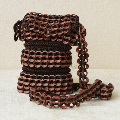 Soda pop-top cell phone bag, 'Coppery Shine' - Brown Recycled Pop-top Shoulder Strap Cell Phone Bag