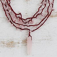 Rose quartz pendant necklace, 'Pink Crochet'