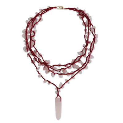 Rose quartz pendant necklace, 'Pink Crochet' - Rose Quartz 4 Strand Crochet Necklace from Brazil
