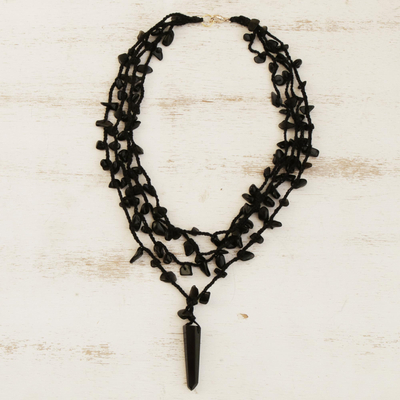 Halskette mit Obsidian-Anhänger - Obsidian 4-strängige Häkelkette aus Brasilien