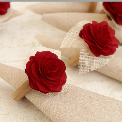Wood and natural fiber napkin rings, 'Claret Red Roses' (set of 6) - 6 Wood and Natural Fiber Claret Red Floral Napkin Rings