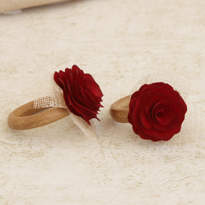 Wood and natural fiber napkin rings, 'Claret Red Roses' (set of 6) - 6 Wood and Natural Fiber Claret Red Floral Napkin Rings