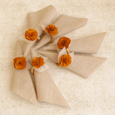 Wood and natural fiber napkin rings, 'Sunset Roses' (set of 6) - 6 Wood and Natural Fiber Tropicana Floral Napkin Rings