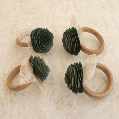 Serviettenringe aus Holz und Naturfasern, (4er-Set) - 4 Serviettenringe aus Holz und Naturfasern in Moosgrün mit Blumenmuster