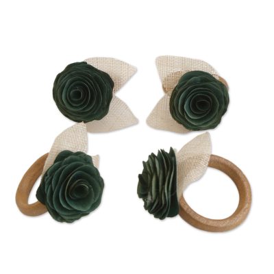 Servilleteros de madera y fibras naturales, (juego de 4) - 4 Servilleteros de Madera y Fibra Natural Verde Musgo Floral