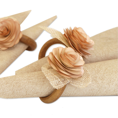 Wood and natural fiber napkin rings, 'Beige Roses' (set of 4) - 4 Wood and Natural Fiber Beige Floral Napkin Rings