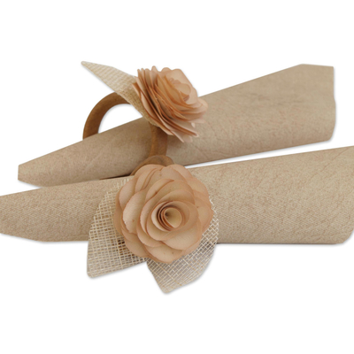 Wood and natural fiber napkin rings, 'Beige Roses' (set of 4) - 4 Wood and Natural Fiber Beige Floral Napkin Rings