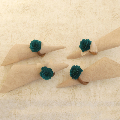 Wood and natural fiber napkin rings, 'Teal Green Roses' (set of 4) - 4 Wood and Natural Fiber Teal Green Floral Napkin Rings