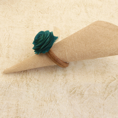 Wood and natural fiber napkin rings, 'Teal Green Roses' (set of 4) - 4 Wood and Natural Fiber Teal Green Floral Napkin Rings