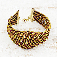 Gold plated golden grass wristband bracelet, 'Maroon Braid' - Gold Plated Brass and Golden Grass Bracelet