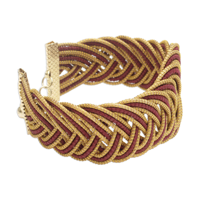 Gold plated golden grass wristband bracelet, 'Maroon Braid' - Gold Plated Brass and Golden Grass Bracelet