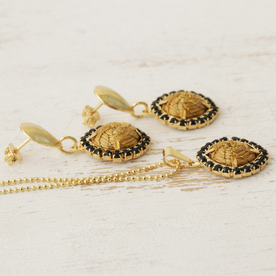 Vergoldetes goldenes Gras-Schmuckset - Set aus Halskette und Ohrringen, handgefertigt aus goldenem Gras