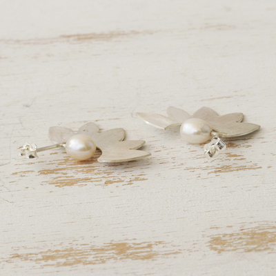 Cultured pearl half-hoop earrings, 'Soaring Wings' - 950 Silver and Cultured Pearl Half-Hoop Earrings